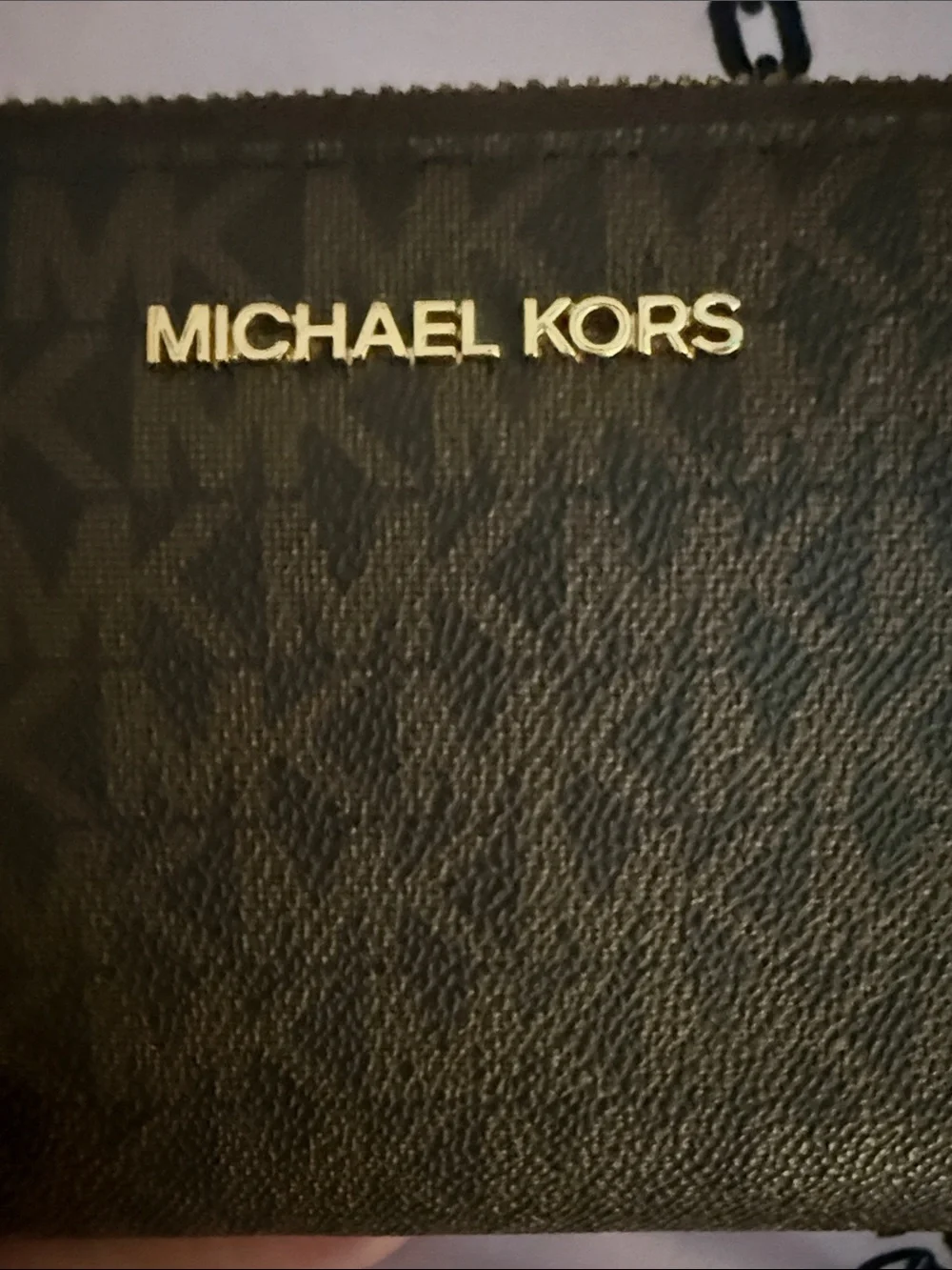 Michael Kors Brown Monogram Zip-Around Card Holder with Gold Logo